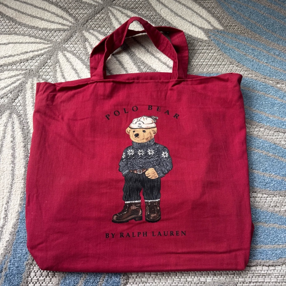 Ralph Lauren Polo Bear Red Canvas Striped Lining Tote Shopping‎ Bag